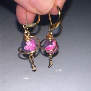 Gold Dangle Moon Earrings with Pink & Purple Planet Beads